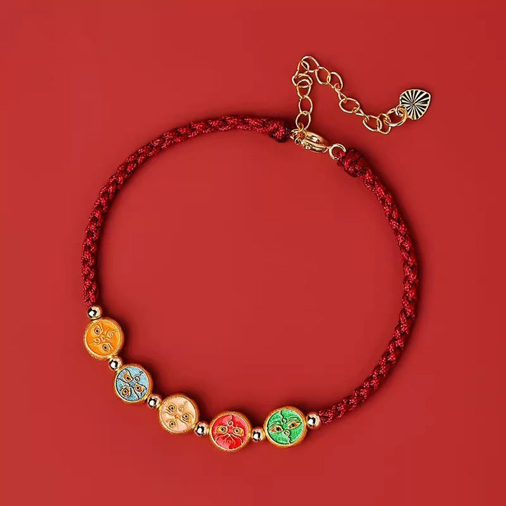 Pulsera de plata de ley 925 con cinco formas de conexión con el dios de la riqueza y Buddha Stones con hilo rojo - Cuerda roja oscura (circunferencia de la muñeca: 13-18 cm) - image 13