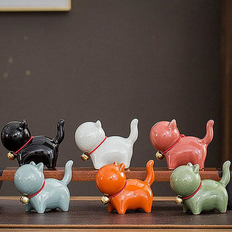Figura decorativa de cerámica para escritorio del hogar con forma de gato y campana de la suerte en Buddha Stones - image 22