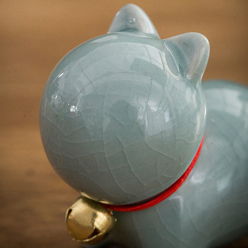 Figura decorativa de cerámica para escritorio del hogar con forma de gato y campana de la suerte en Buddha Stones - image 15