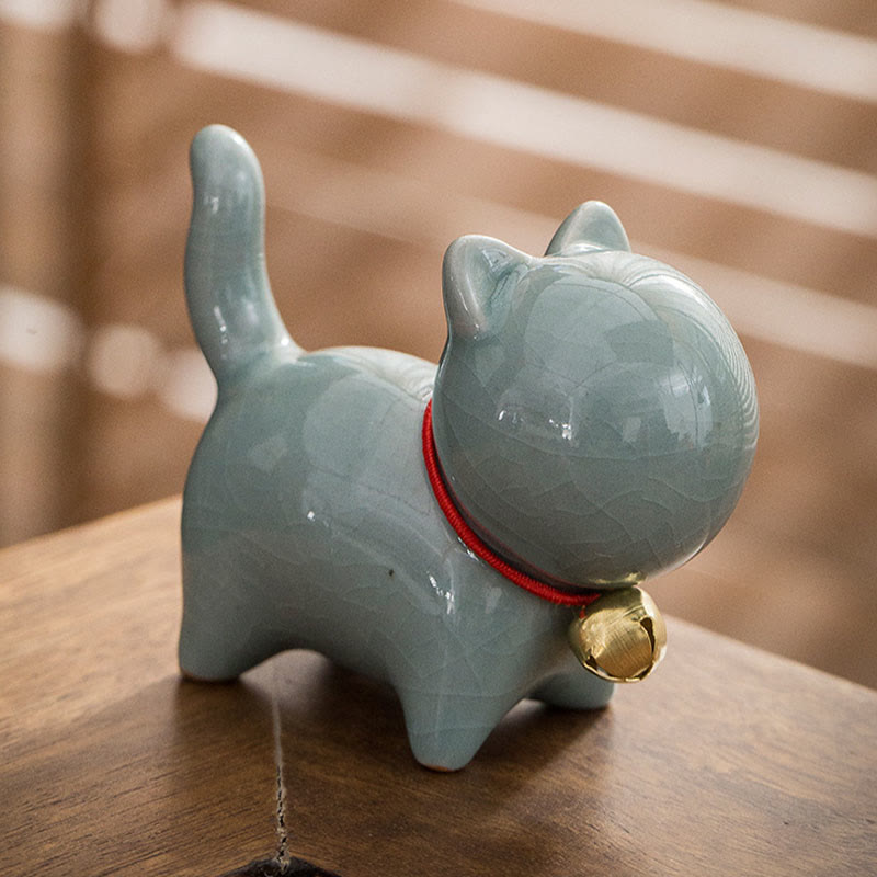 Figura decorativa de cerámica para escritorio del hogar con forma de gato y campana de la suerte en Buddha Stones - image 14