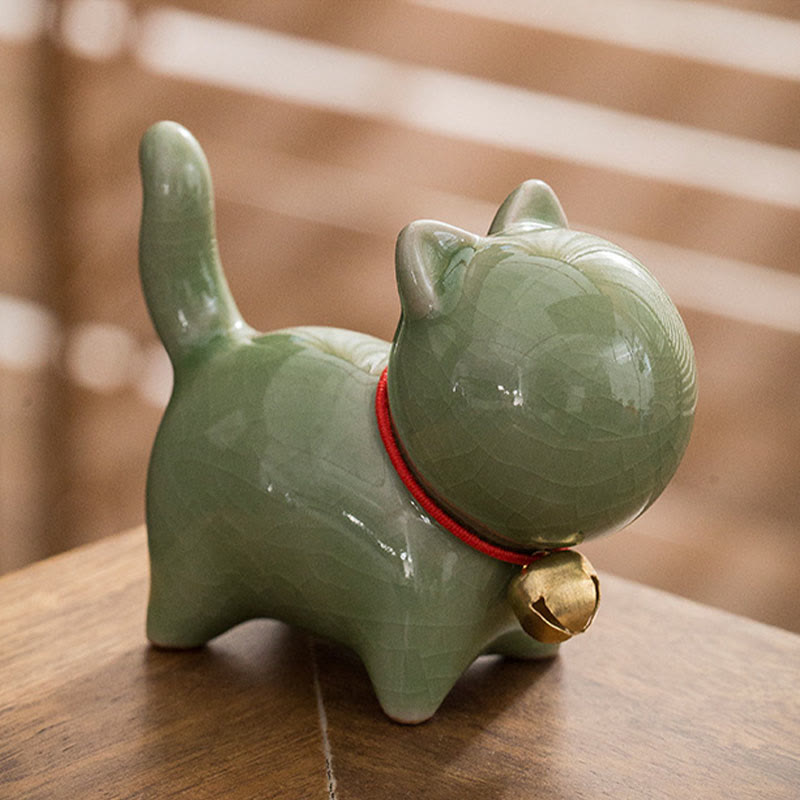 Figura decorativa de cerámica para escritorio del hogar con forma de gato y campana de la suerte en Buddha Stones - image 4