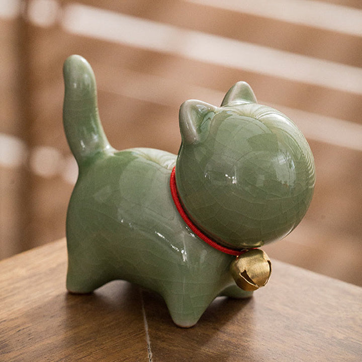 Figura decorativa de cerámica para escritorio del hogar con forma de gato y campana de la suerte en Buddha Stones - image 4