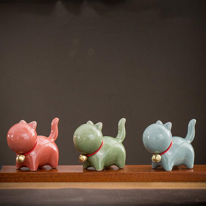 Figura decorativa de cerámica para escritorio del hogar con forma de gato y campana de la suerte en Buddha Stones - image 19