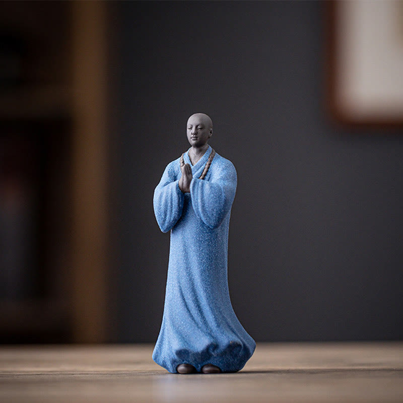 Figura de monje meditando y rezando con Buddha Stones, cerámica, compasión, serenidad, decoración del hogar - Monje azul 5*5*13cm - image 21