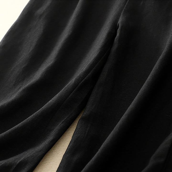 Pantalones de lino y algodón elásticos con bolsillos y botones en la parte delantera y trasera de color liso con Buddha Stones para mujer - image 34