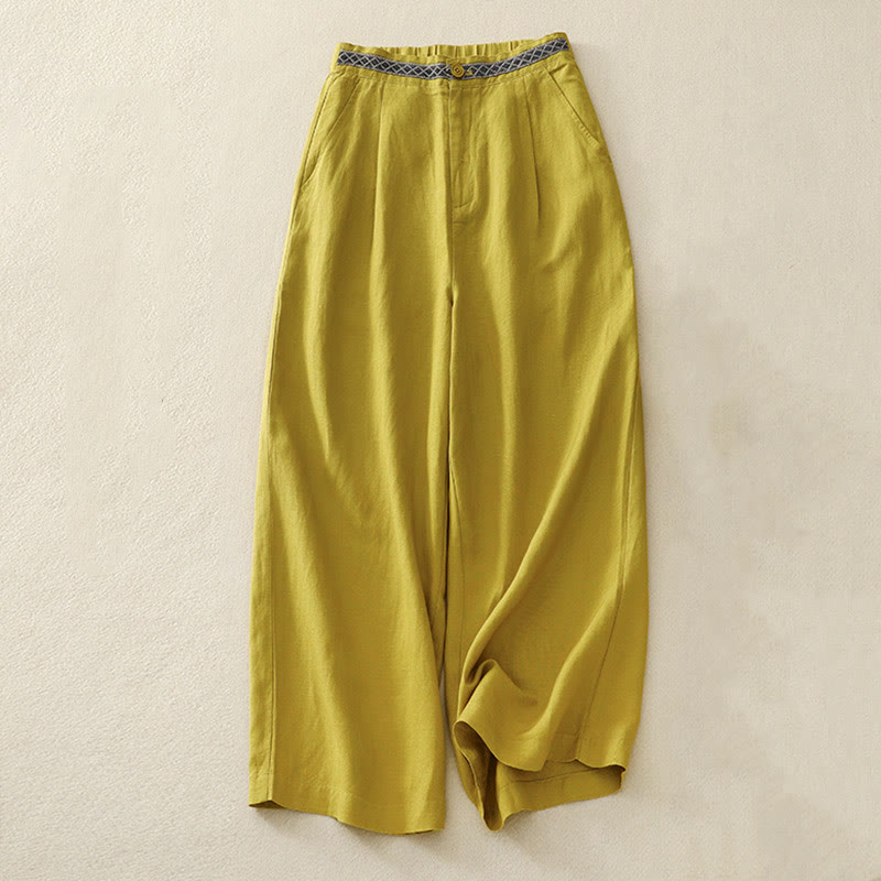 Pantalones de lino y algodón elásticos con bolsillos y botones en la parte delantera y trasera de color liso con Buddha Stones para mujer - Amarillo - US8-10，UK/AU12-14，EU40-42 (2XL) - image 10
