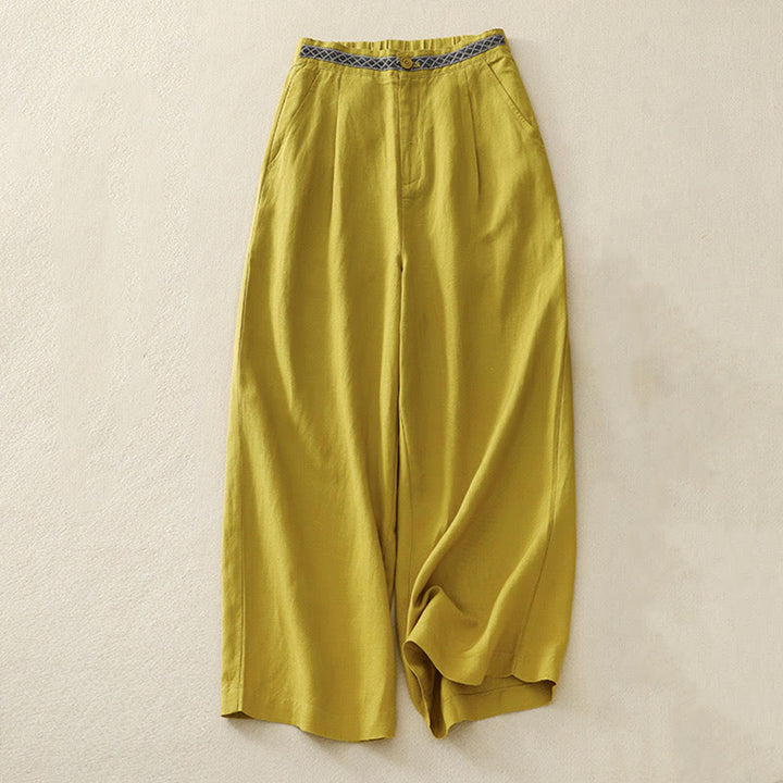 Pantalones de lino y algodón elásticos con bolsillos y botones en la parte delantera y trasera de color liso con Buddha Stones para mujer - Amarillo - US8-10，UK/AU12-14，EU40-42 (2XL) - image 10