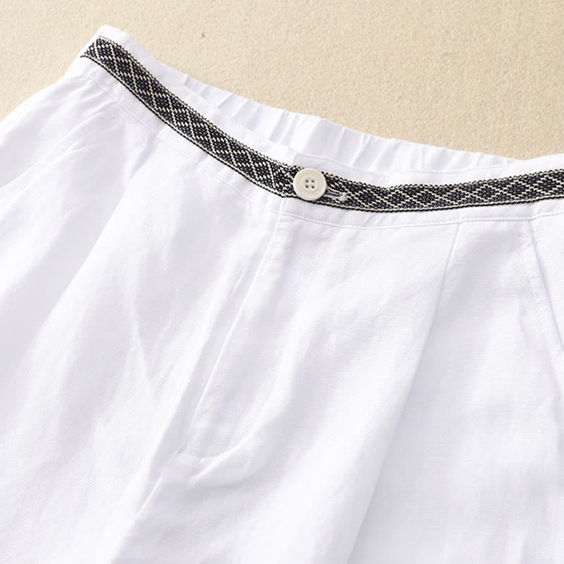 Pantalones de lino y algodón elásticos con bolsillos y botones en la parte delantera y trasera de color liso con Buddha Stones para mujer - image 25