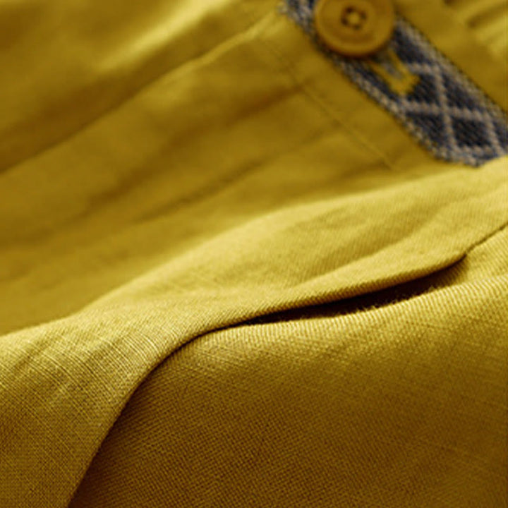 Pantalones de lino y algodón elásticos con bolsillos y botones en la parte delantera y trasera de color liso con Buddha Stones para mujer - image 13