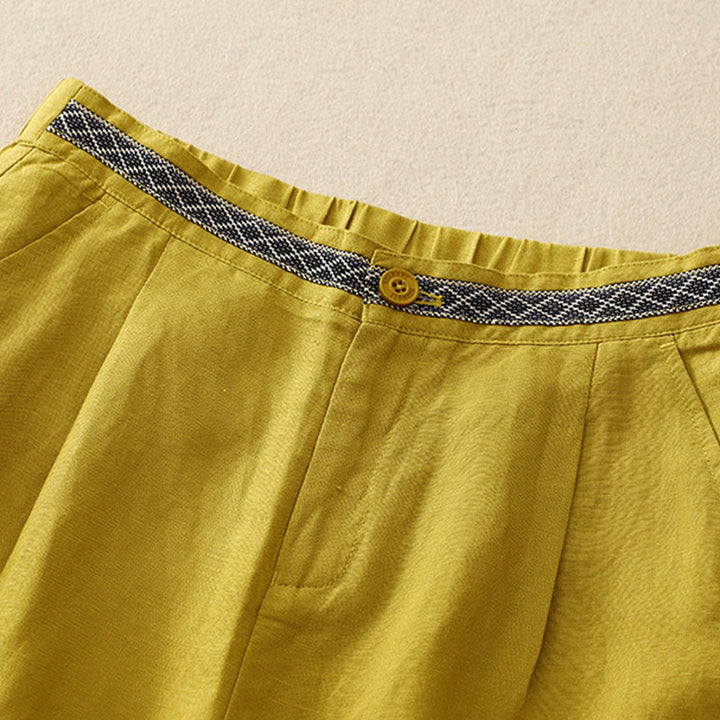 Pantalones de lino y algodón elásticos con bolsillos y botones en la parte delantera y trasera de color liso con Buddha Stones para mujer - image 11