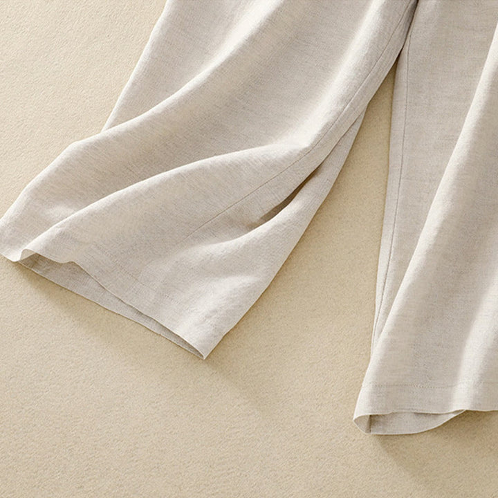 Pantalones de lino y algodón elásticos con bolsillos y botones en la parte delantera y trasera de color liso con Buddha Stones para mujer - image 9