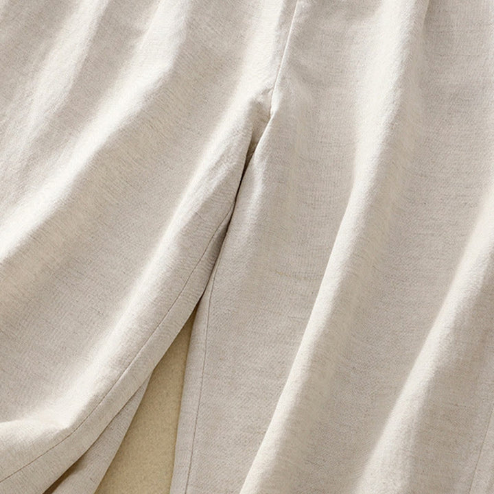 Pantalones de lino y algodón elásticos con bolsillos y botones en la parte delantera y trasera de color liso con Buddha Stones para mujer - image 5