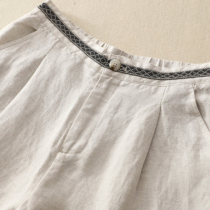 Pantalones de lino y algodón elásticos con bolsillos y botones en la parte delantera y trasera de color liso con Buddha Stones para mujer - image 4