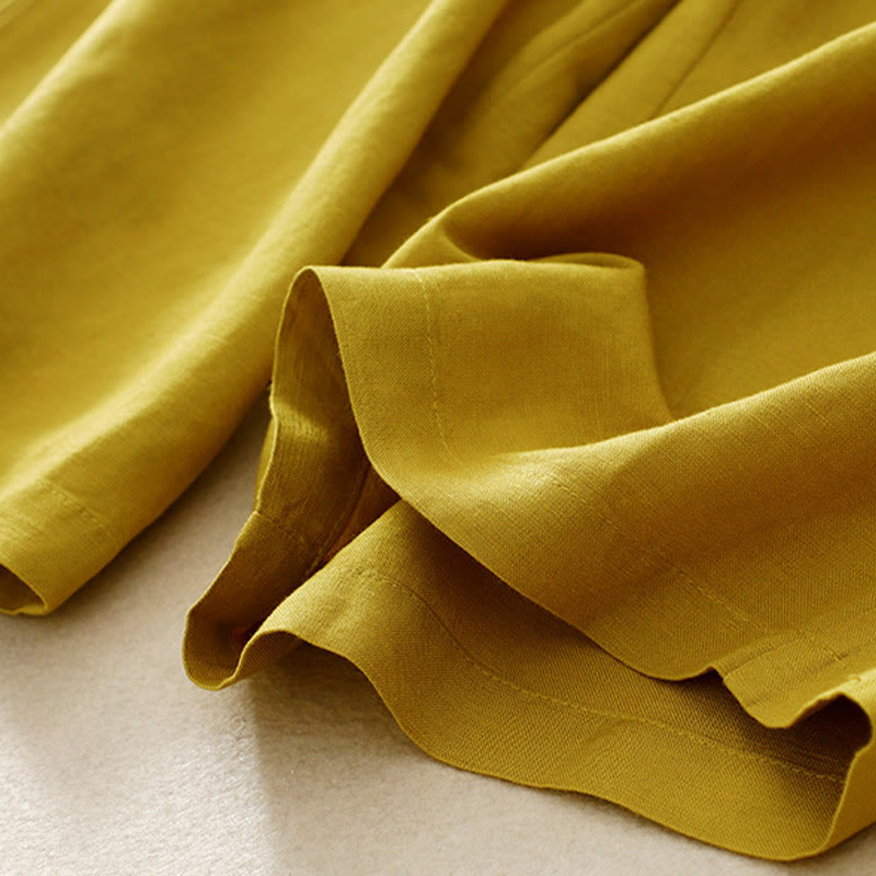 Pantalones de lino y algodón elásticos con bolsillos y botones en la parte delantera y trasera de color liso con Buddha Stones para mujer - image 15