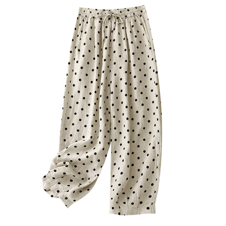 Pantalones de lino y algodón con cordón y lunares negros informales para mujer con bolsillos y Buddha Stones - image 13