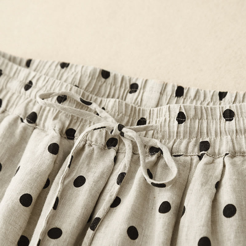 Pantalones de lino y algodón con cordón y lunares negros informales para mujer con bolsillos y Buddha Stones