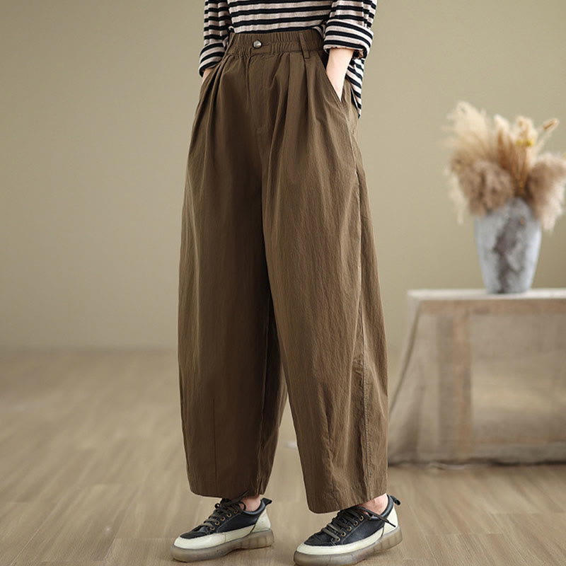 Pantalones casuales de mujer Buddha Stones de color liso con cintura elástica y botones en la parte superior, con bolsillos - image 4