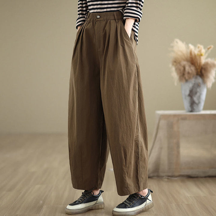 Pantalones casuales de mujer Buddha Stones de color liso con cintura elástica y botones en la parte superior, con bolsillos - image 4
