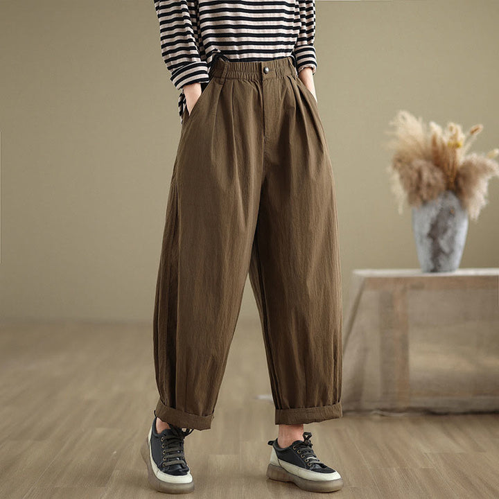 Pantalones casuales de mujer Buddha Stones de color liso con cintura elástica y botones en la parte superior, con bolsillos - Vara de oro oscura - US8-10，UK/AU12-14，EU40-42 (2XL) - image 0