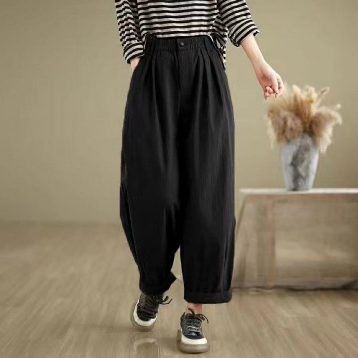 Pantalones casuales de mujer Buddha Stones de color liso con cintura elástica y botones en la parte superior, con bolsillos - image 12