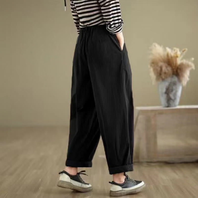 Pantalones casuales de mujer Buddha Stones de color liso con cintura elástica y botones en la parte superior, con bolsillos - image 13