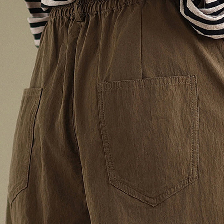 Pantalones casuales de mujer Buddha Stones de color liso con cintura elástica y botones en la parte superior, con bolsillos - image 9