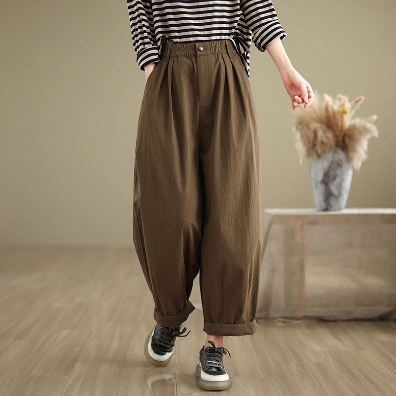 Pantalones casuales de mujer Buddha Stones de color liso con cintura elástica y botones en la parte superior, con bolsillos - image 2