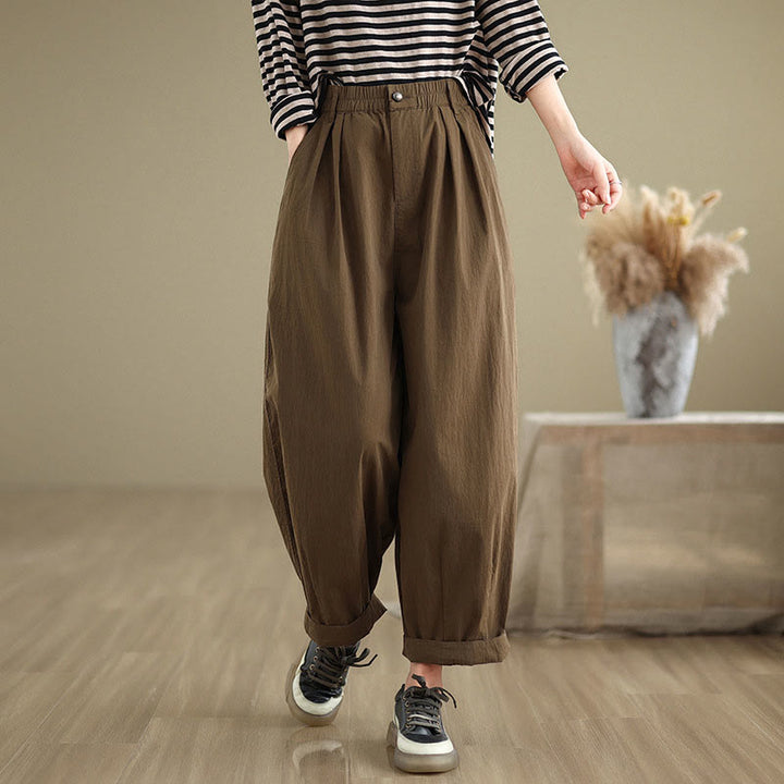 Pantalones casuales de mujer Buddha Stones de color liso con cintura elástica y botones en la parte superior, con bolsillos - image 2