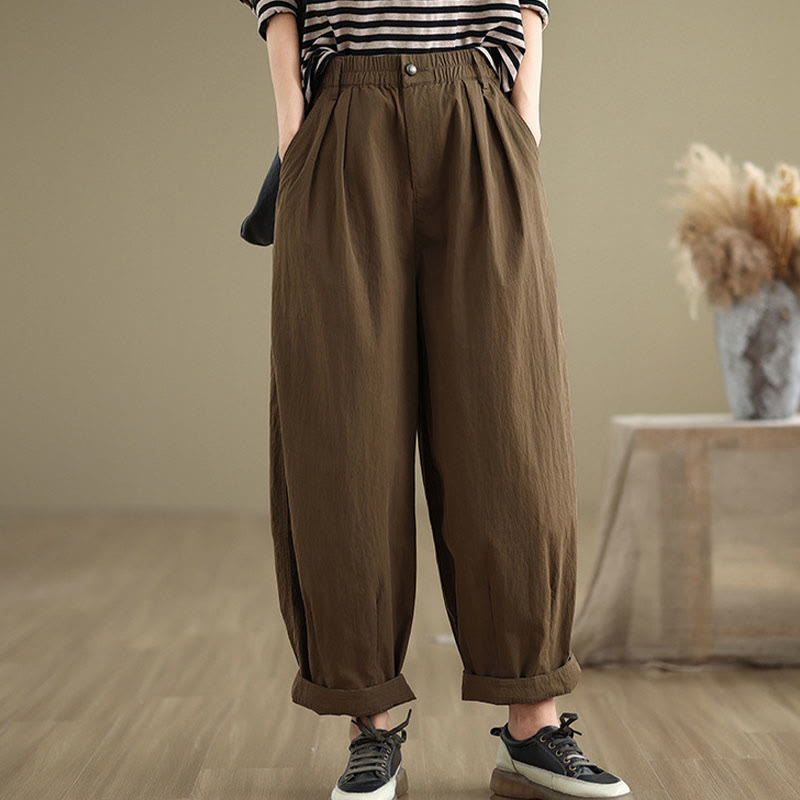 Pantalones casuales de mujer Buddha Stones de color liso con cintura elástica y botones en la parte superior, con bolsillos - image 1