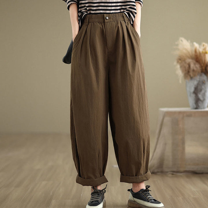 Pantalones casuales de mujer Buddha Stones de color liso con cintura elástica y botones en la parte superior, con bolsillos - image 1