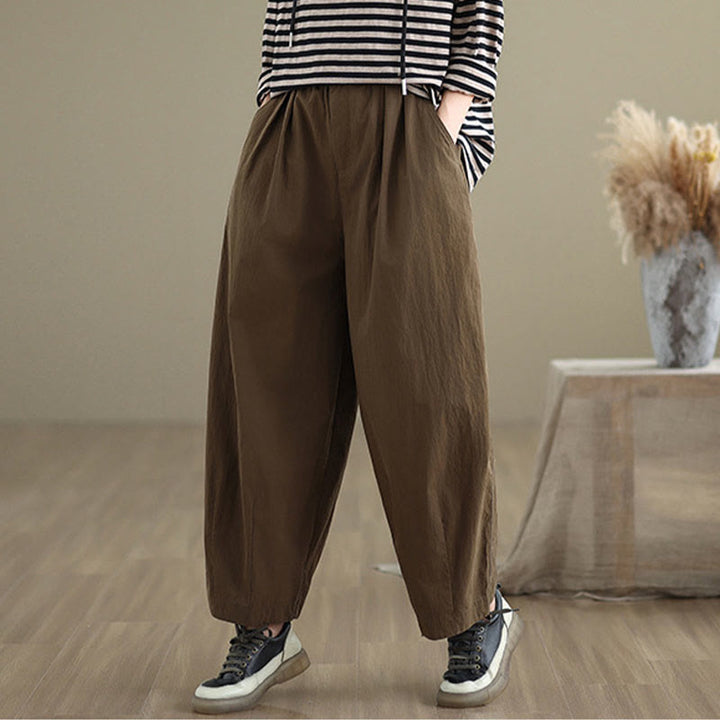 Pantalones casuales de mujer Buddha Stones de color liso con cintura elástica y botones en la parte superior, con bolsillos - image 3