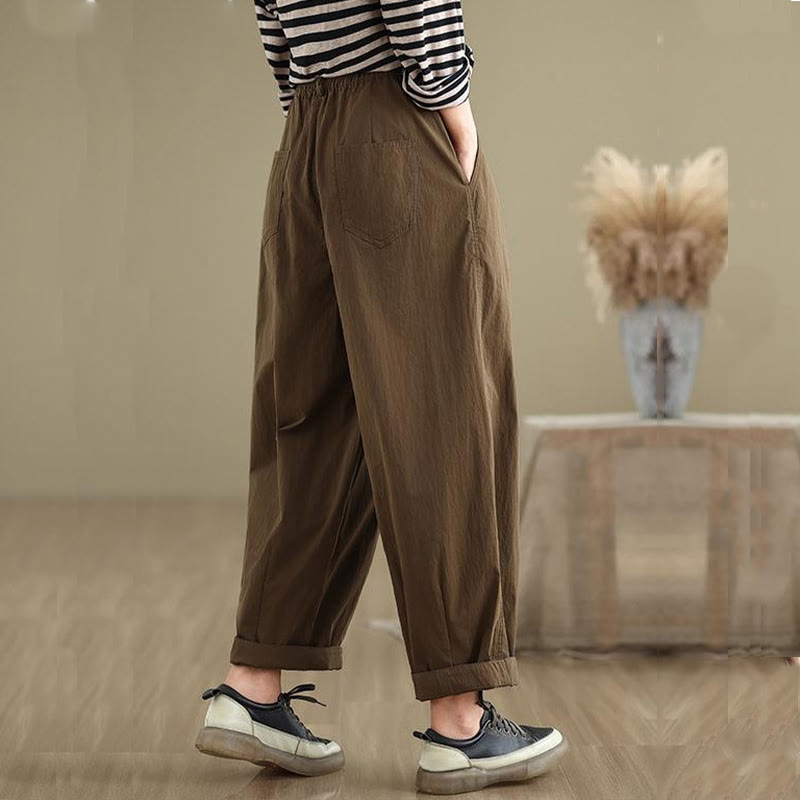 Pantalones casuales de mujer Buddha Stones de color liso con cintura elástica y botones en la parte superior, con bolsillos - image 5