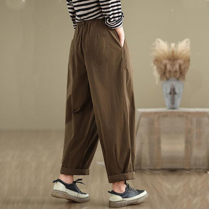 Pantalones casuales de mujer Buddha Stones de color liso con cintura elástica y botones en la parte superior, con bolsillos - image 5