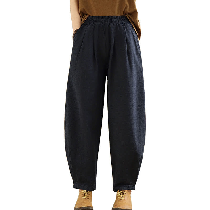 Pantalones de lino y algodón con cintura elástica cónica de color liso informales para mujer con bolsillos y Buddha Stones - image 25