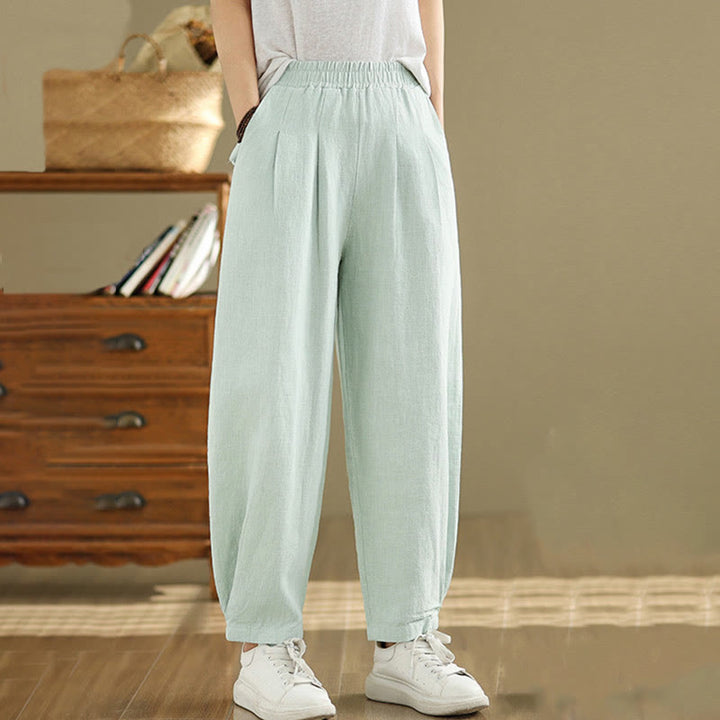 Pantalones de lino y algodón con cintura elástica cónica de color liso informales para mujer con bolsillos y Buddha Stones - image 29