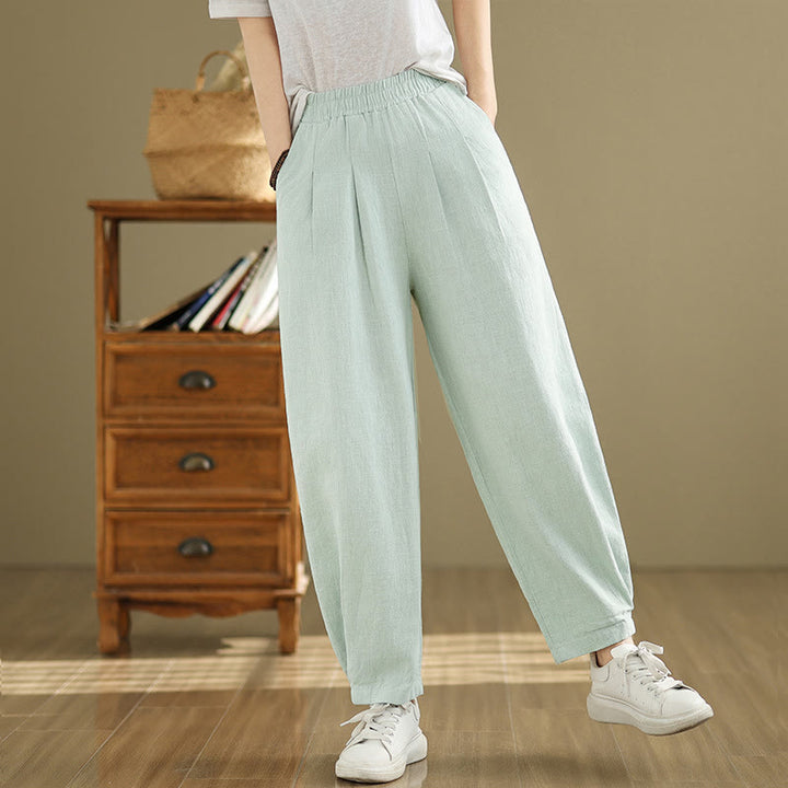 Pantalones de lino y algodón con cintura elástica cónica de color liso informales para mujer con bolsillos y Buddha Stones - image 30