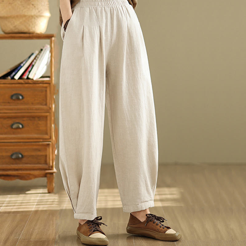 Pantalones de lino y algodón con cintura elástica cónica de color liso informales para mujer con bolsillos y Buddha Stones - image 12