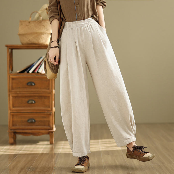 Pantalones de lino y algodón con cintura elástica cónica de color liso informales para mujer con bolsillos y Buddha Stones - image 8