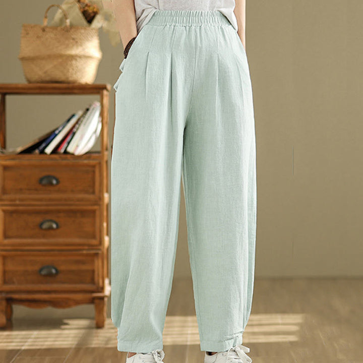 Pantalones de lino y algodón con cintura elástica cónica de color liso informales para mujer con bolsillos y Buddha Stones - image 31