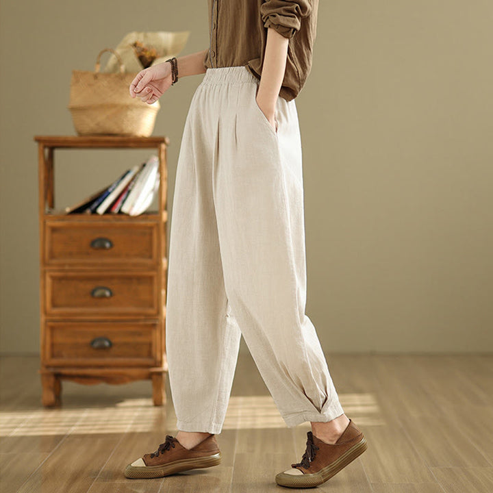 Pantalones de lino y algodón con cintura elástica cónica de color liso informales para mujer con bolsillos y Buddha Stones - image 10