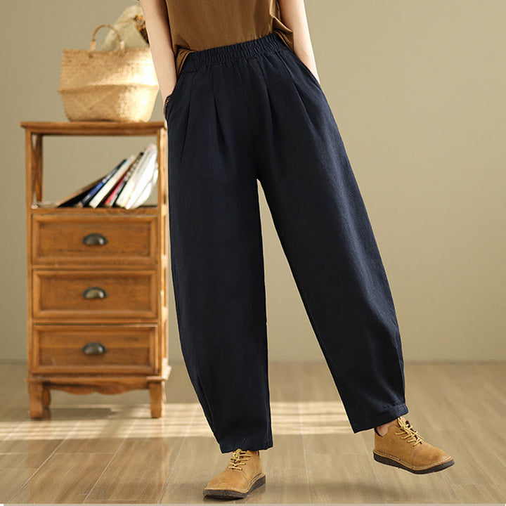Pantalones de lino y algodón con cintura elástica cónica de color liso informales para mujer con bolsillos y Buddha Stones - Negro - US8-10，UK/AU12-14，EU40-42 (2XL) - image 19