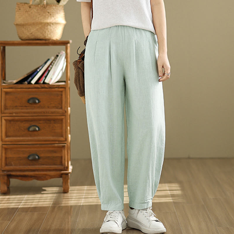 Pantalones de lino y algodón con cintura elástica cónica de color liso informales para mujer con bolsillos y Buddha Stones - image 28
