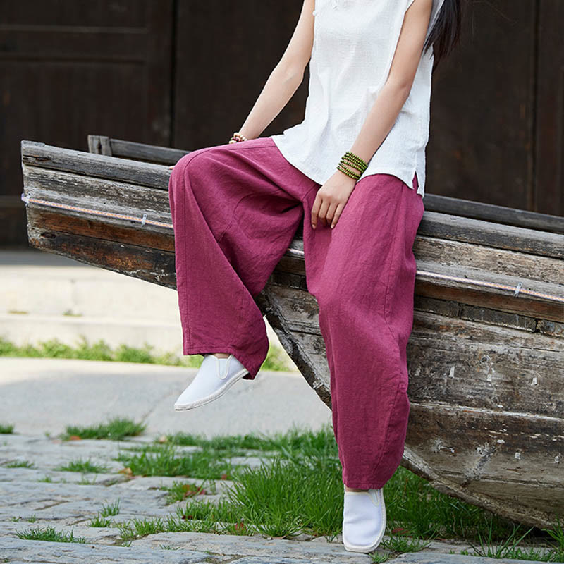 Pantalones de mujer de algodón y ramio con forro polar y cintura elástica de color liso y casual con Buddha Stones y bolsillos - image 18