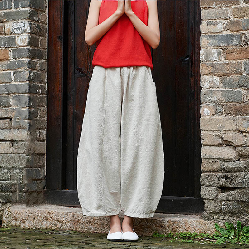 Pantalones de mujer de algodón y ramio con forro polar y cintura elástica de color liso y casual con Buddha Stones y bolsillos - image 7