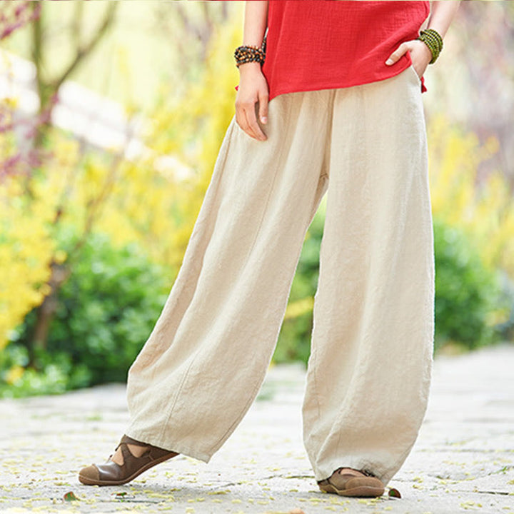 Pantalones de mujer de algodón y ramio con forro polar y cintura elástica de color liso y casual con Buddha Stones y bolsillos - image 3