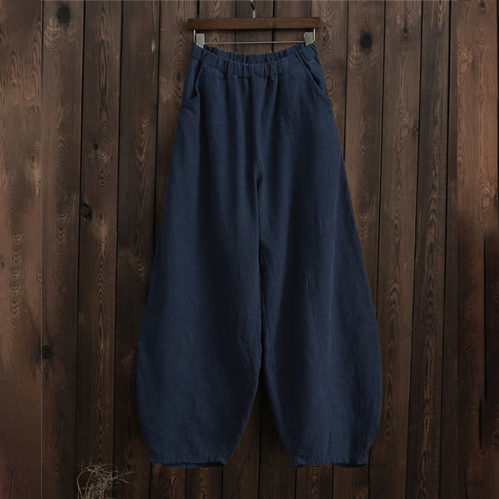 Pantalones de mujer de algodón y ramio con forro polar y cintura elástica de color liso y casual con Buddha Stones y bolsillos - image 35