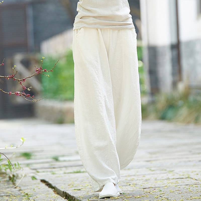Pantalones de mujer de algodón y ramio con forro polar y cintura elástica de color liso y casual con Buddha Stones y bolsillos - Blanco - US4，UK/AU8，EU36 (L) - image 20
