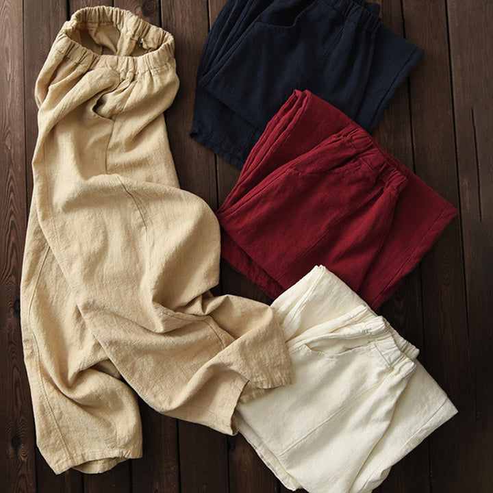 Pantalones de mujer de algodón y ramio con forro polar y cintura elástica de color liso y casual con Buddha Stones y bolsillos - image 1