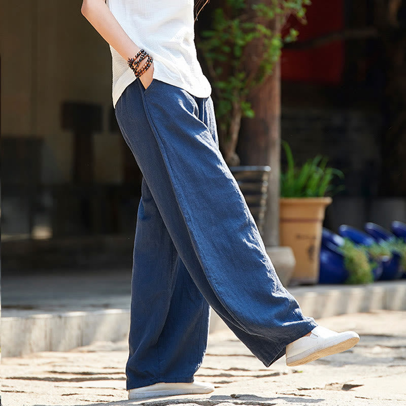 Pantalones de mujer de algodón y ramio con forro polar y cintura elástica de color liso y casual con Buddha Stones y bolsillos - image 33