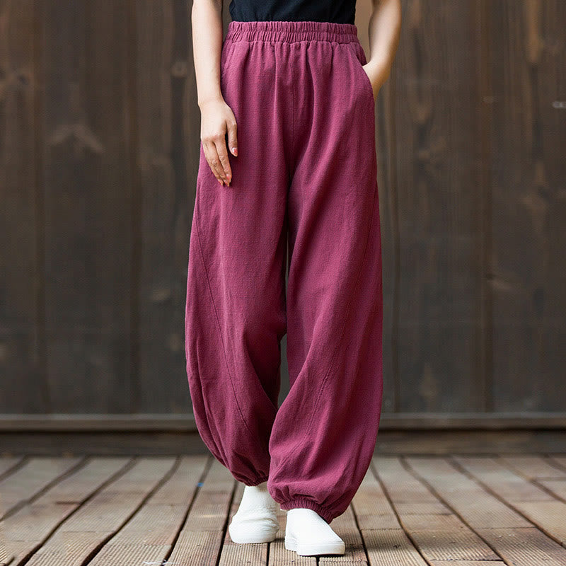 Pantalones de mujer de algodón y ramio con cintura elástica y bolsillos de color liso con estampado de zanahoria y Buddha Stones - Rosa intenso - US4，UK/AU8，EU36 (L) - image 0